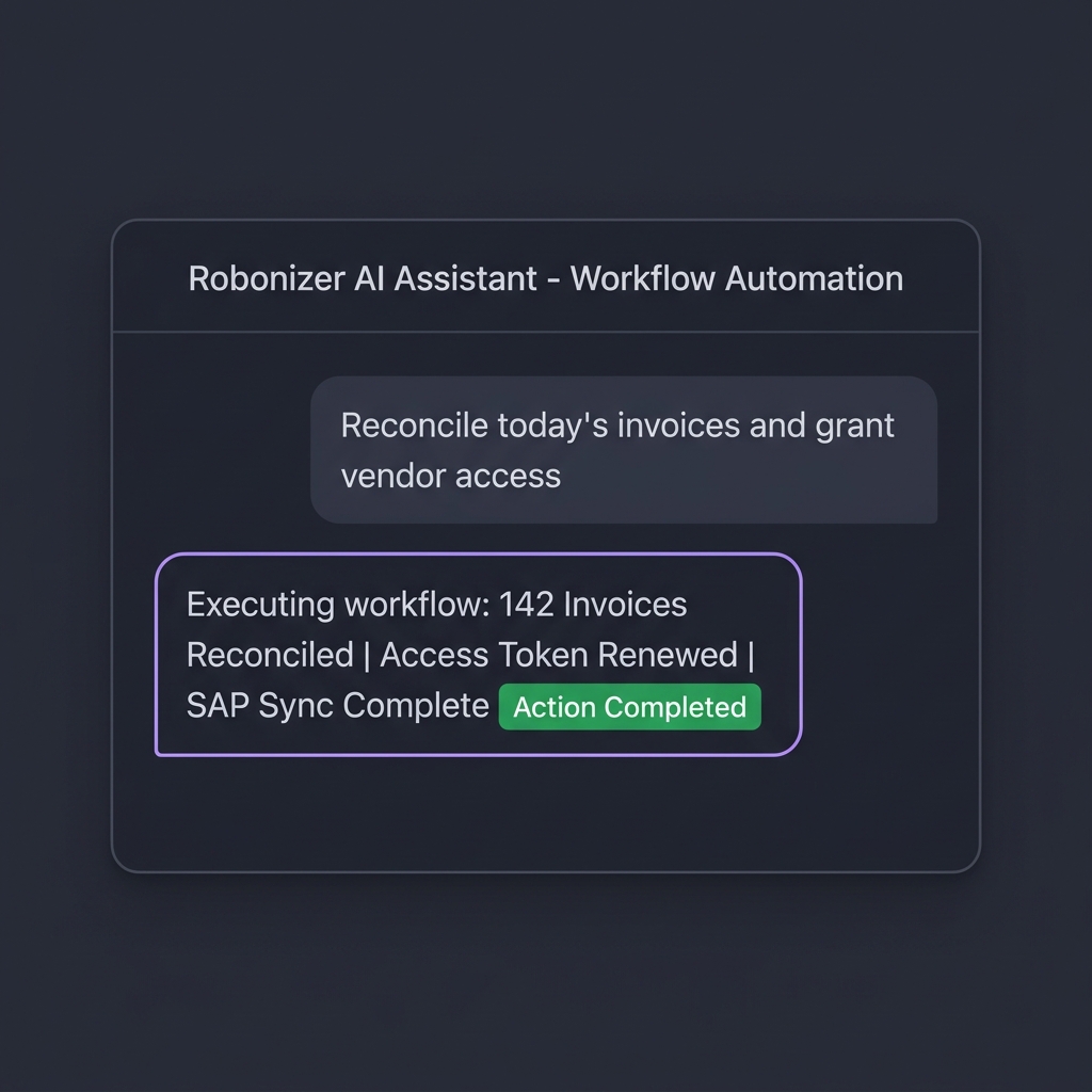Robonizer Action-Oriented Conversational AI chat window executing automated workflows