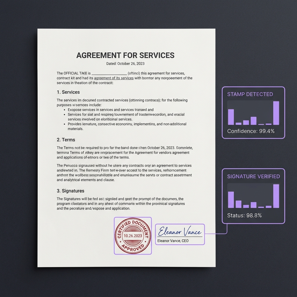 Robonizer Document AI showing paper document stamp and signature detection with confidence scores